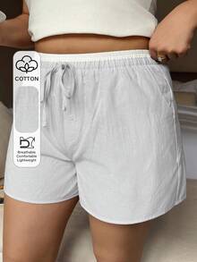 Dazy Plus Contrast Color Patchwork Elastic Waist Drawstring Loose Plus Size Women's Casual Short Pajama Bottoms, Spring/Summer - Baby Blue - View 1
