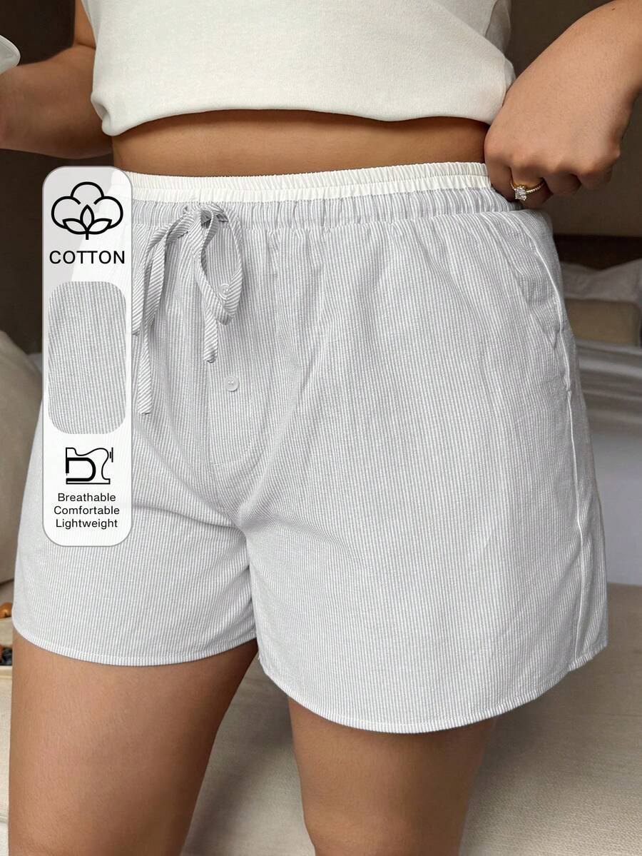 Dazy Plus Contrast Color Patchwork Elastic Waist Drawstring Loose Plus Size Women's Casual Short Pajama Bottoms, Spring/Summer - Baby Blue - View 1