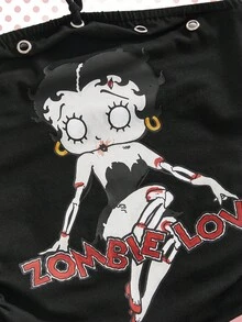 Betty Boop | ROMWE 卡通人物及英文印花修身露背吊带背心，适合夏季及学生穿着。 - 黑色 - 查看 3