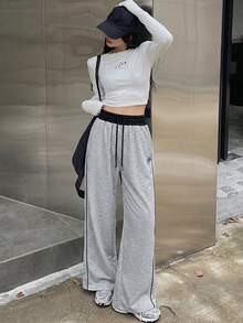 DAZY 女士时尚印花抽绳腰带口袋休闲裤 - 灰色 - 查看 5