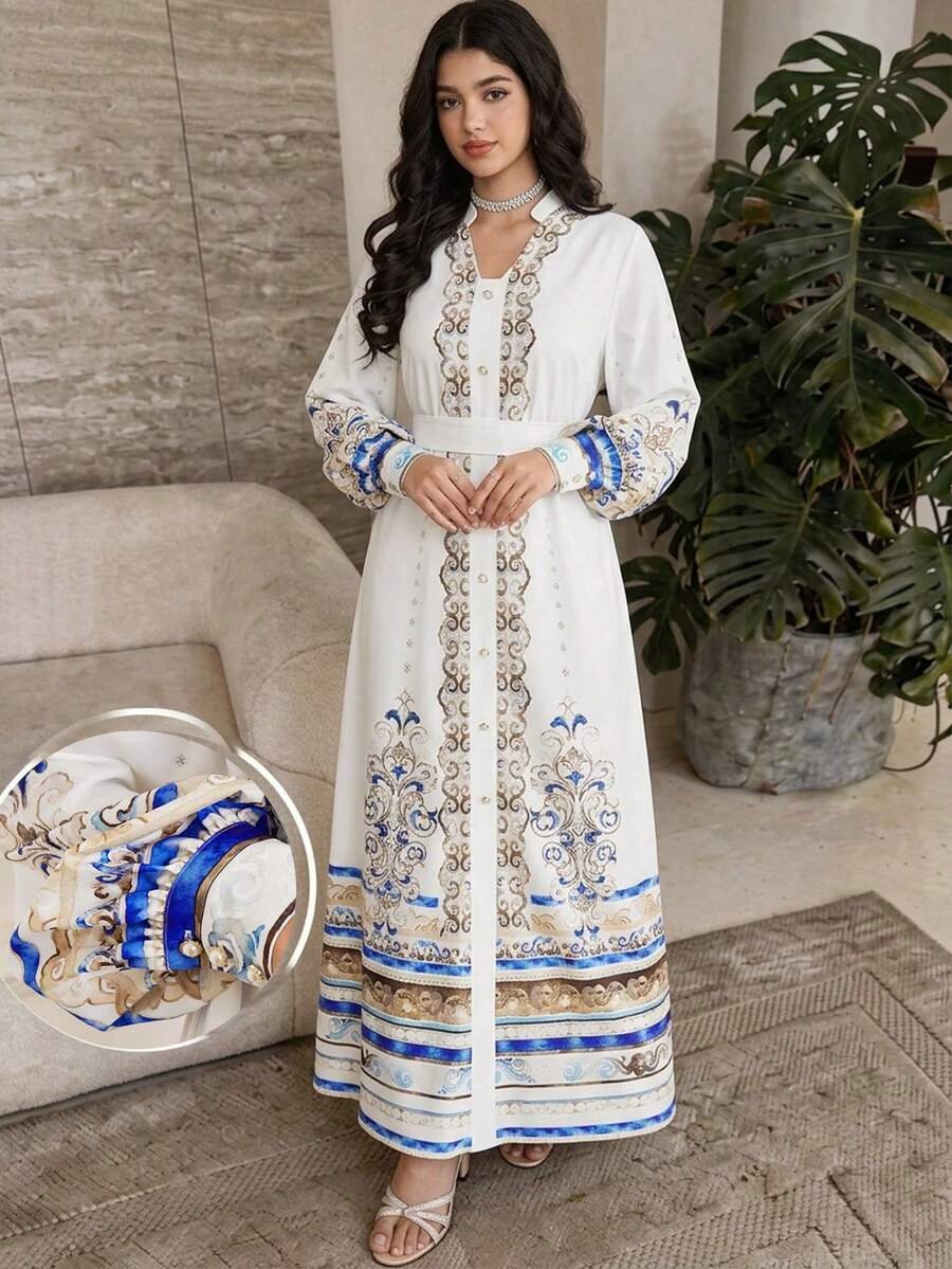 Yasmyna Women's Elegant Printed Long Sleeve Arabic Style Dress