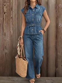 EMERY ROSE EMERY ROSE Conjunto Casual de Denim Feminino com Top de Manga Curta com Botões na Frente e Calça Longa com Bolso Diagonal - Azul - Visão 2
