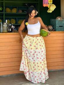 Sunnyshic Vintage Boho Floral Skirt Women's Elastic Waist Contrast Lace Bohemian Color Block Loose Skirt Plus Size Summer Holiday Casual Wear White - Multicolor - View 7