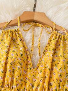 Flirla Plus Size Women Backless Vacation Floral Print Camisole Romper With Double Ruffle Hem - Yellow - View 3