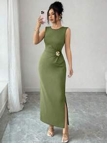 SHEIN Raffinéa 女士优雅金属装饰侧开衩无袖连衣裙，夏季 - 綠色 - 查看 4