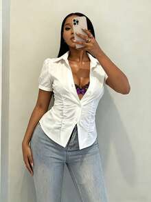 BamGleam Women's Solid Color Short Sleeve Single-Breasted Pleated Shirt Golf White Summer Sexy - White - View 8