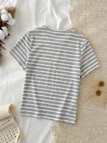 Tseoso 94% Cotton Casual Minimalist Style Gray & White Striped Cropped Fitted T-Shirt, Versatile For Spring/Summer,Summer Top - Grey - View 2