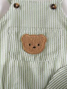 SHEIN Playful Pals 新生兒3件套可愛休閒夏季白色短袖T恤藍色條紋露背連身裙附帽子熊圖章度假套裝 - 綠色 - 查看 6