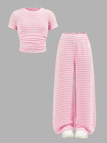 SHEIN Tween Girls' Casual Yellow White Striped Tank Top And Shorts Set,Comfortable&Minimalist Two Pieces Short Summer Clothes - Pink - View 12