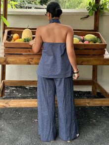 Dazy Plus Fashionable Striped Halter Metal Buckle Decor Sleeveless Top And Loose Wide Leg Pants Two Pieces Set, Plus Size, Blue, Spring/Summer Resort Style - Navy Blue - View 10