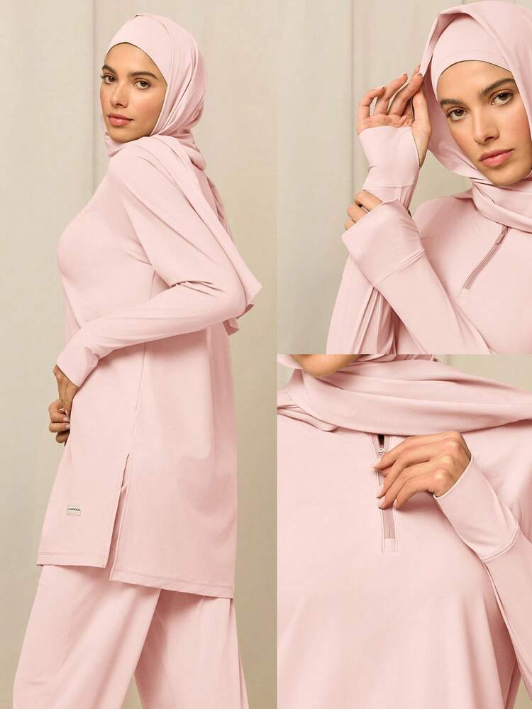 X Reem Modest 1PC Cool Flow Cooling Quick-Dry Sun Protection Thumbholes Split Side Hem Quarter-Zip Oversized Pullover Sweatshirt Training Running Workout Gym Studio Daily Active Wear