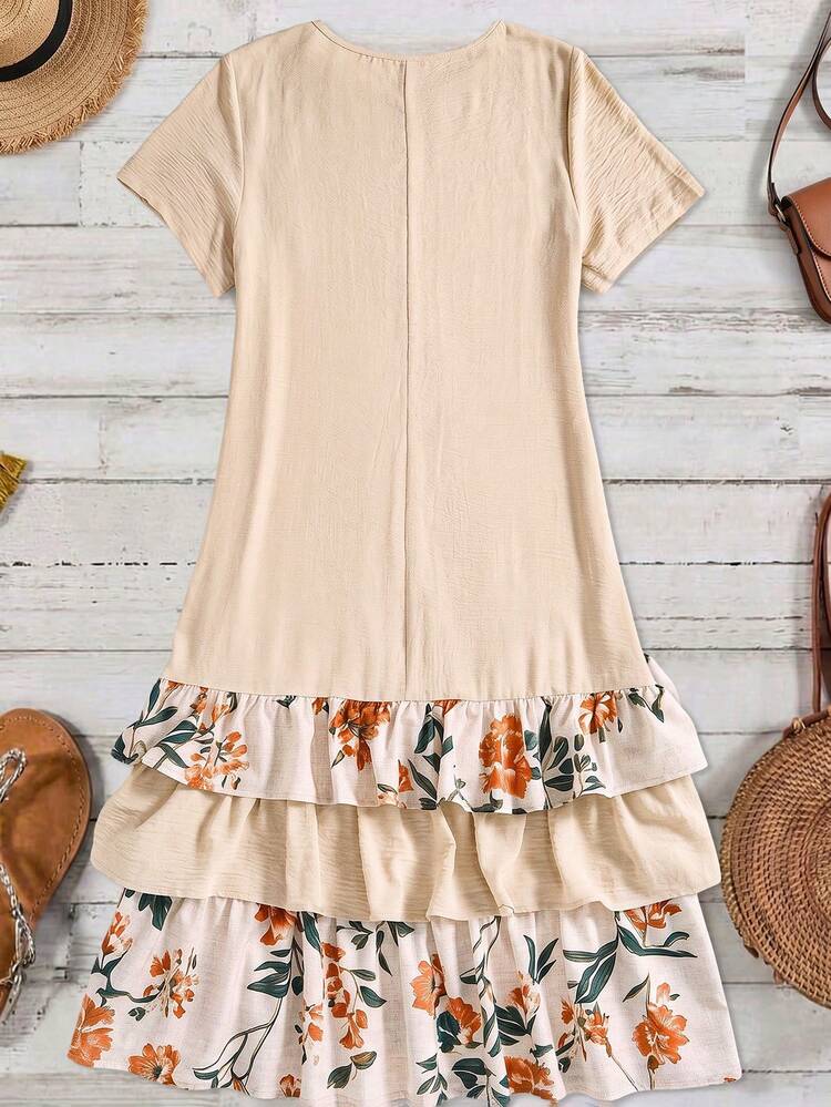 Plus Size Floral Print Ruffle Hem Round Neck Short Sleeve Dress Summer Summer Outfit For Women Festival Outfits For Women Beach Outfits For Women Vacation Outfits Women Holiday Outfits  For Women Country Concert Outfit