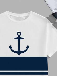 VIVINTIMO Men's Navy Style Anchor Print Patchwork Striped Short Sleeve T-Shirt, Classic Navy Style Anchor T-Shirt, Refreshing Color Block Striped Design, Showcasing Summer Vitality And Youthful Vibe - White - View 4