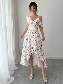 Elenzga Women's Asymmetric Ruffle Hem Floral Print Vacation Dress - Multicolor - View 5