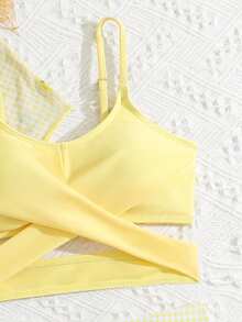 SHEIN 青少年女孩夏季海灘度假檸檬印花比基尼套裝附抽繩罩衫，3件套 - 黃色 - 查看 4