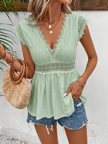 Camiseta de manga corta casual con cuello en V profundo y encaje de color sólido para mujer  Frenchy, top de verano. - Púrpura polvoriento - Ver 4
