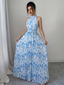 SHEIN Elenzya Ditsy Floral Ruffle Collar Pleated Waist A-Line Elegant Romantic Dress For Women, Suitable For Vacation - Multicolor - View 5