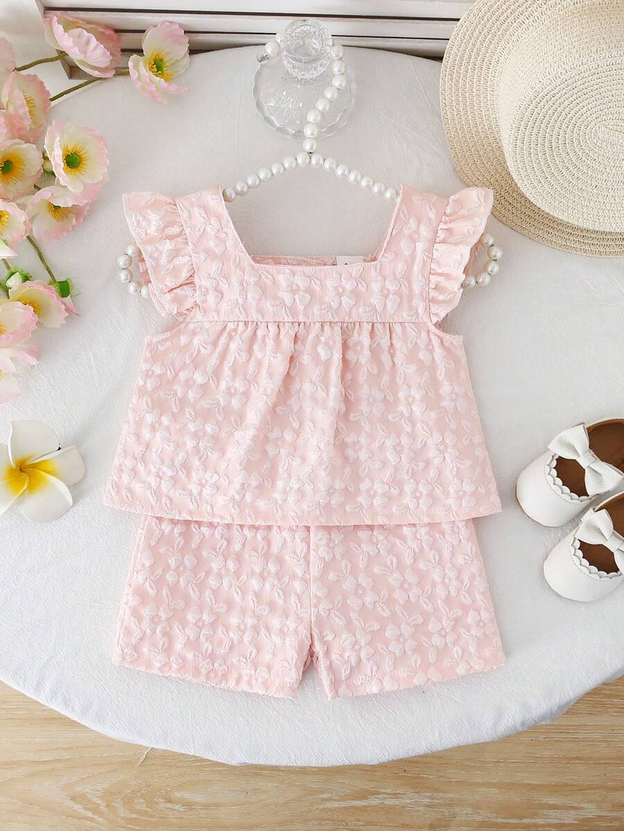 SHEIN Playful Pals 2件套女婴0-3岁春夏优雅甜美3D立体花卉提花领衬衫短裤两件套 - 粉色 - 查看 1