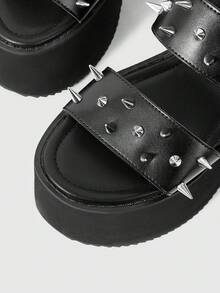 ROMWE Grunge Punk Women's Punk Style Y2K Sexy And Elegant Wedge Platform Sandals, Gothic Retro Metal Studded Double Strap Roman Gladiator Chunky Heel Elastic Ankle Strap Open Toe Party Club Festival Comfortable Shoes Summer Shoes - Black - View 6