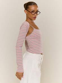 MUSERA Conjunto de dos piezas de bolero a rayas y top camiseta elegante, casual, de vacaciones, lindo estilo Y2K para primavera y verano - Multicolor - Ver 3