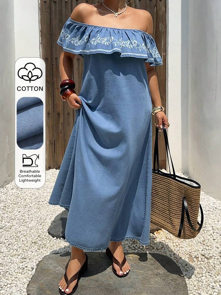 Dazy Plus Plus Size Women's Off-Shoulder Floral Print Ruffle Hem Long Denim Maxi Dress, Vacation Style Sun Dresses For Women