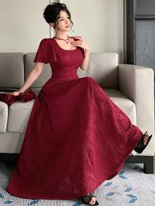 DAZY 女款優雅花卉紋理花瓣袖中長洋裝，春夏派對波爾多紅陽光裙 - 酒紅色 - 查看 8