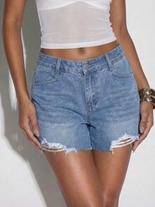 Normani Women's Blue Ripped Shorts, Low-Rise Casual Shorts, Perfect For Summer Casual Wear, Versatile Shorts. Light Blue Jeans Short Vacation - Light Wash - View 3