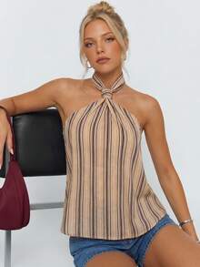 Avantive Áo tank top nữ kẻ sọc cổ yếm hở lưng, kiểu dáng thường ngày, thích hợp cho mùa hè. - Màu Khaki - Xem 6