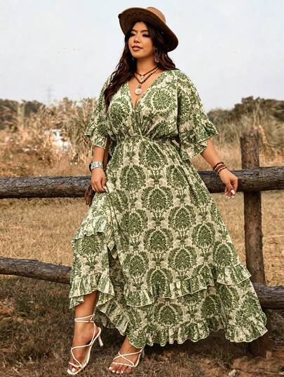 Ceyna Plus Size Women Deep V-Neck Allover Print Ruched Casual Party Dress