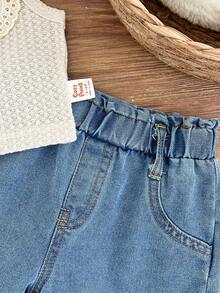 Cozy Pixies Áo vest cổ phồng màu mơ dễ thương cho bé gái, chất liệu vải dệt họa tiết, kết hợp với quần short màu xanh nhạt đa năng. - Nhiều màu - Xem 3