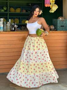 Sunnyshic Vintage Boho Floral Skirt Women's Elastic Waist Contrast Lace Bohemian Color Block Loose Skirt Plus Size Summer Holiday Casual Wear White - Multicolor - View 6