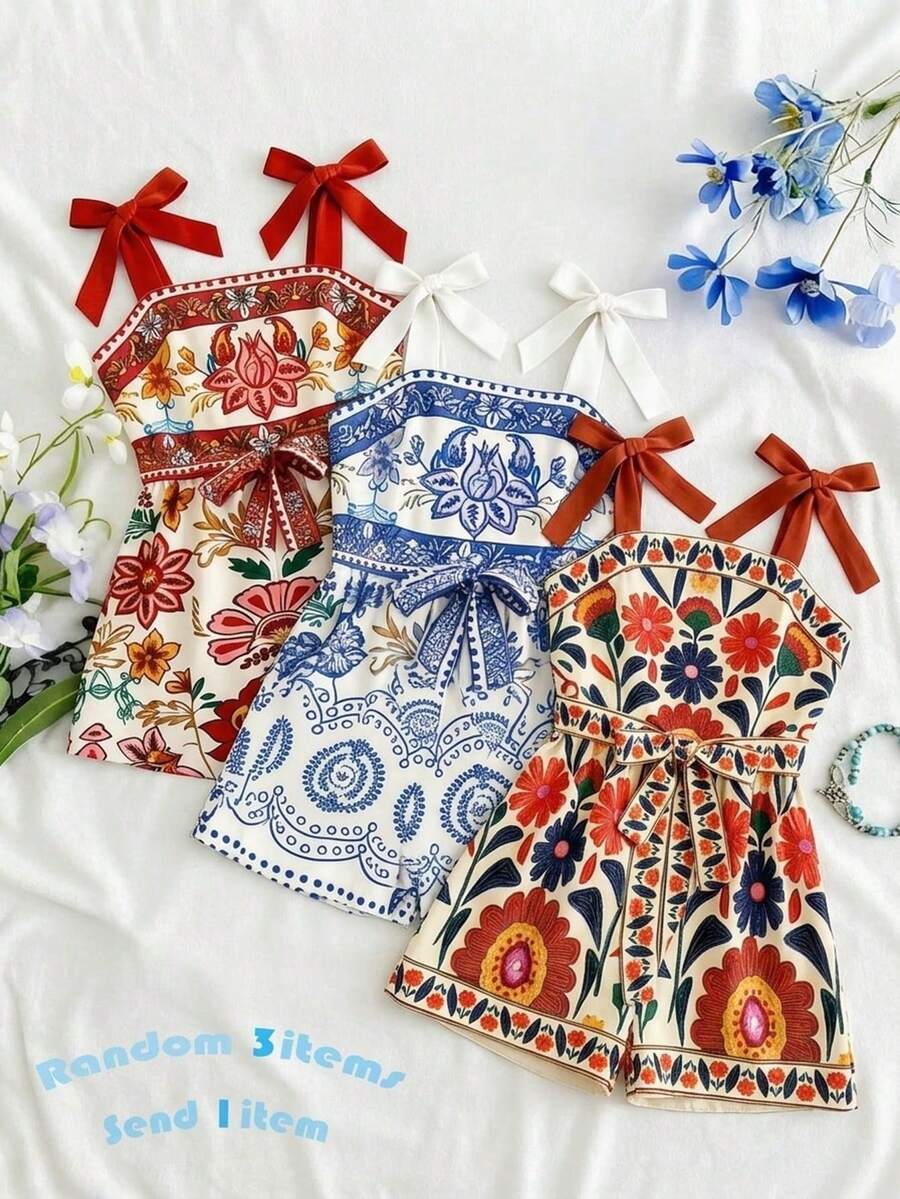 SHEIN 少女休闲度假夏季彩色蝴蝶结吊带露脐连体裤,适合海滩、音乐节、母女装 - 彩色 - 查看 1