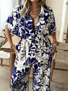 Ceyna Plus Size Women's Spring & Summer Casual Vacation Chiffon Leaf Print Shirt With Elastic Waist & Wide Leg Pants 2-Piece Set - Navy Blue - View 3