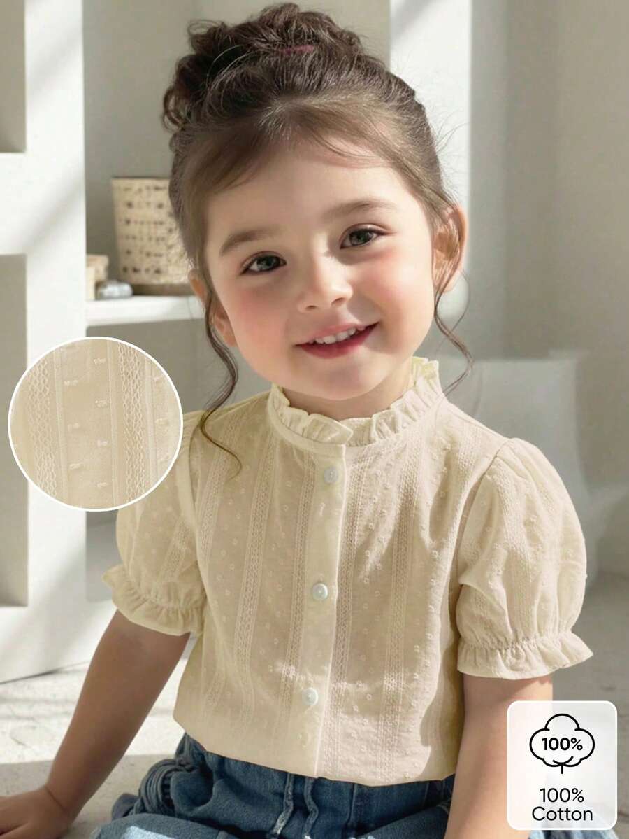 SHEIN Vintaside Kids 2026春夏新款柔软舒适面料,时尚新款,SS26度假旅行必备单品,女童白色休闲纹理短袖衬衫,适合外出、休闲和派对穿着 - 杏色 - 查看 1