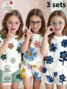 6pcs/3sets Young Girl Casual Soft Loose Round Neck Short Sleeve T-Shirt And Shorts Set, Floral Print Tee With Solid Color Shorts, Suitable For Spring & Summer Casual Outings, Summer Vibes, Korean Style, Back To School Outfit, Comfortable And Fashionable Children's Clothing, Spring & Summer Casual Wear, Children's Graphic Tee, Summer New , Spring & Summer Fashion - Multicolor - View 3