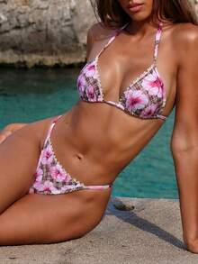 Swim Vcay Women's Hibiscus Print Halter Bikini Set,Brown Plaid Triangle Cup Swimsuit With Fuzzy Trim,Casual Summer Beach Holiday Vacation,Low-Waist Bottoms - Multicolor - View 2