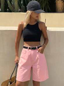 DAZY Women's Comfortable Casual Loose Fit Denim Bermuda Shorts, Summer - Pink - View 5