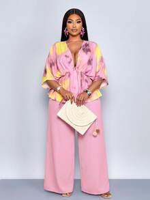 SOLERSUN 大码女装春夏扎染撞色随机图案深V领短袖泡泡袖宽松休闲褶皱上衣搭配阔腿裤两件套。适合购物、约会、圣帕特里克节、复活节、音乐节、四叶草节、街头风、海滩度假、野餐、约会以及日常通勤。时尚百搭，融合了西部风情和波西米亚风，优雅、现代、飘逸。 - 藕粉色 - 查看 3