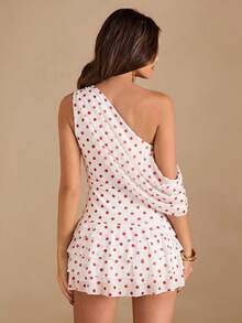 Vestido mini elegante asimétrico con volantes en el bajo, pequeño vestido negro, adecuado para citas diarias, fiestas, reuniones, fiestas de cóctel, citas románticas, vestidos de dama de honor, salidas nocturnas - Rojo y blanco - Ver 2