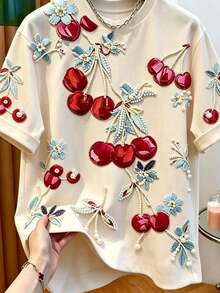 EMERY ROSE Plus Size Women's Crew Neck All-Over Cherry Print Comfortable Versatile T-Shirt - Multicolor - View 4