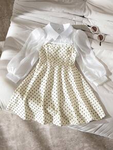 SHEIN Young Girl Polka Dot Print Patchwork Long Sleeve Dress, Spring/Summer - Multicolor - View 6