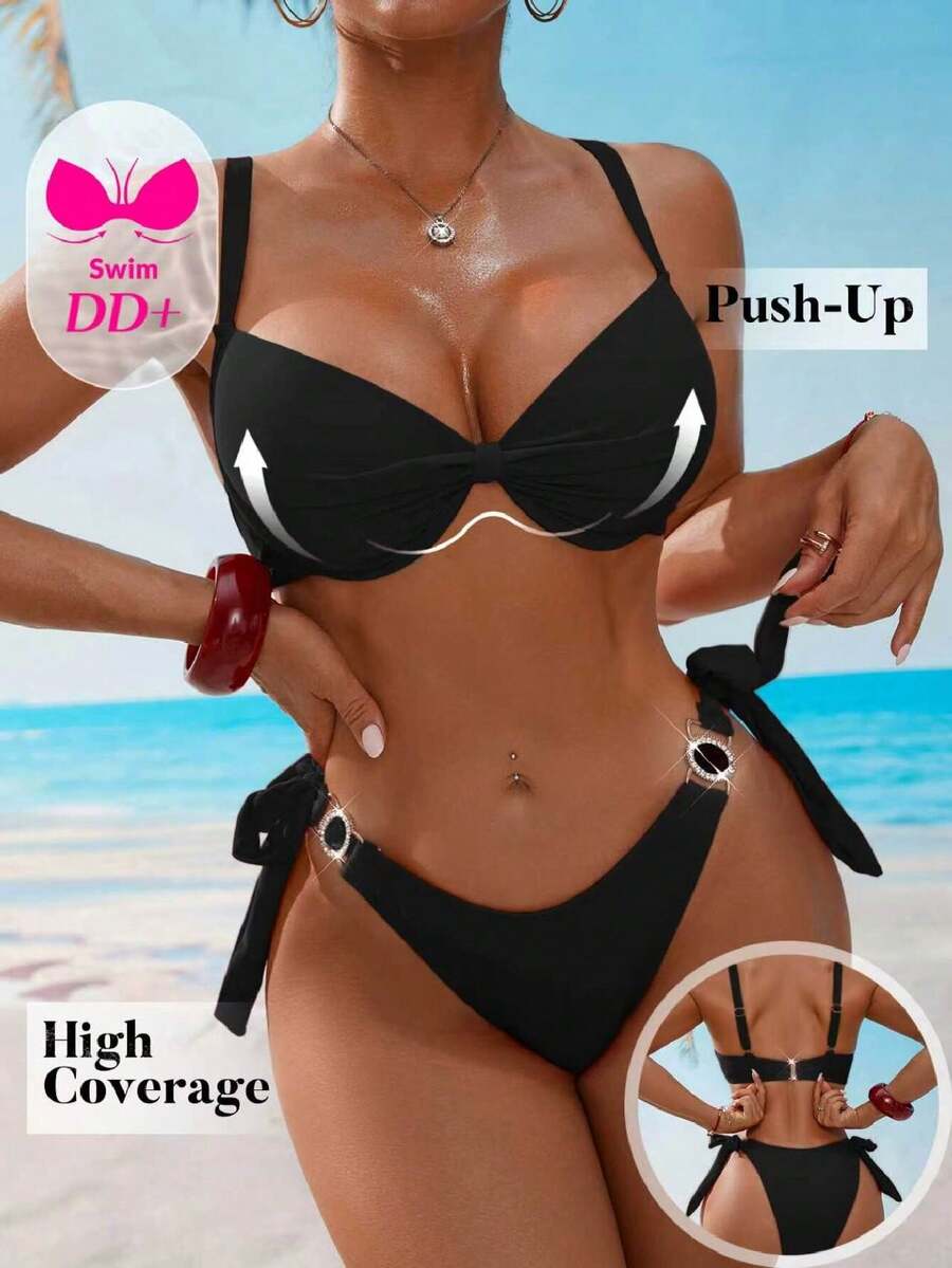 Voyashape Women's Summer Beach Solid Color Sexy Bikini And Triangle Panty Swimwear Set - Black - View 1