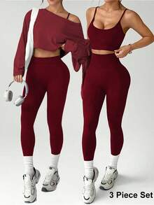 SHEIN BamGlam 3pcs Set Solid Color Cropped Fitted Breathable Jacket - Seamless Bra & Leggings Red Workout Set Gym Matching Set Maroon Workout Set Matching Yoga Set - Burgundy - View 9