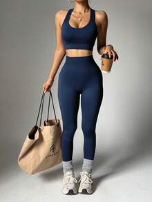 BamGleam Conjunto de ropa deportiva de top de tirantes de cuello de pico y pantalones ajustados de cintura alta para mujer - Azul Marino - Ver 5