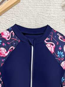 SHEIN 青少年女孩比基尼套裝，女孩泳裝套裝，度假與休閒風格，深藍色火烈鳥花卉泳裝，針織面料，長袖防曬泳裝，拉鍊式兩件套，印花連身泳裝配泳褲，時尚、休閒、精緻、優雅且淑女，適合游泳、夏季度假、海灘、海邊、游泳池、夏季派對及休閒活動 - 彩色 - 查看 3