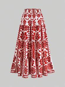 Gownix Damen romantisches, elegantes 2-teiliges Urlaubsset: Top mit Blume Muster und Flügelärmel und geraffter Midi-Rock, geeignet für den Sommer - Rot-Weiß - Übersicht 8