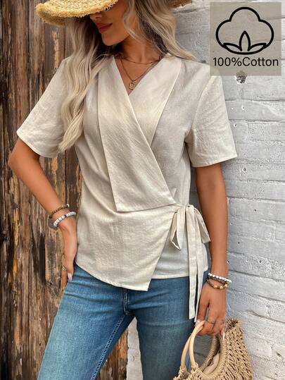 SHEIN Holidaya French Relaxed Linen-Blend Tie Waist Blouse - Summer Office Slim V-Neck Short Sleeve Top