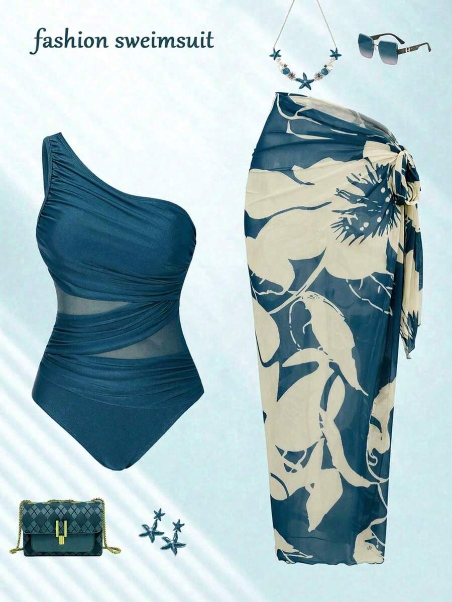 Swim Oasis 女士纯色褶皱连体泳衣，配花卉图案罩衫和裙子，度假必备