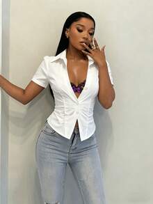 BamGleam Women's Solid Color Short Sleeve Single-Breasted Pleated Shirt Golf White Summer Sexy - White - View 6