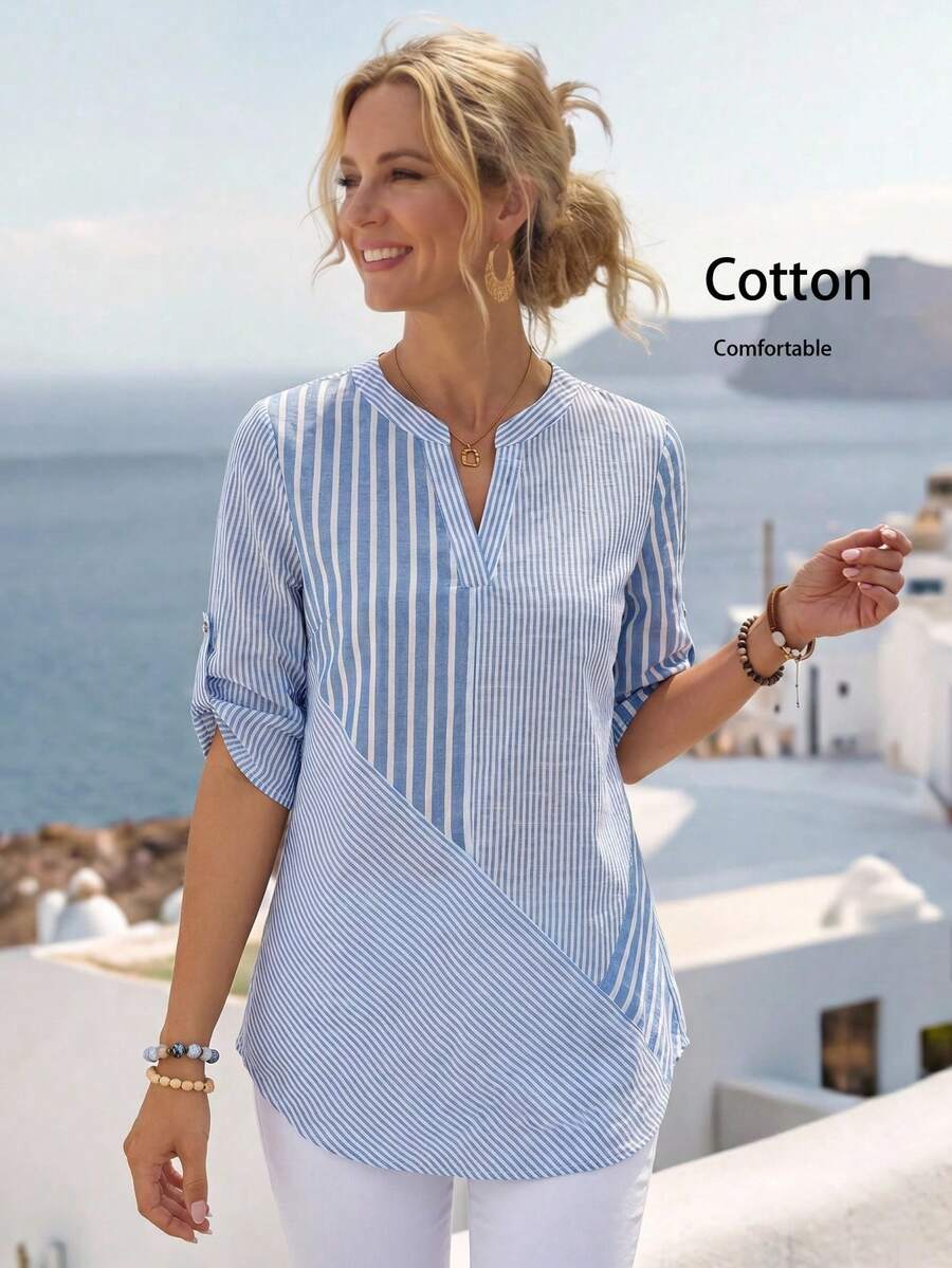 Faunlyn Blusa casual holgada con cuello en V a rayas y puños - Multicolor - Ver 1